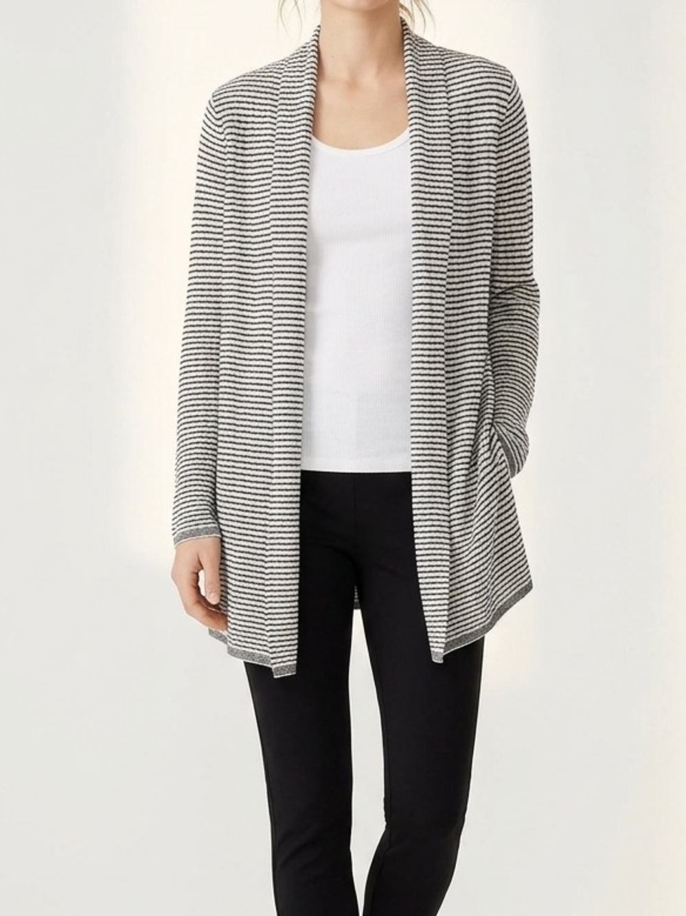 Eileen Fisher Black and White Striped Open-Front Knit Cardigan